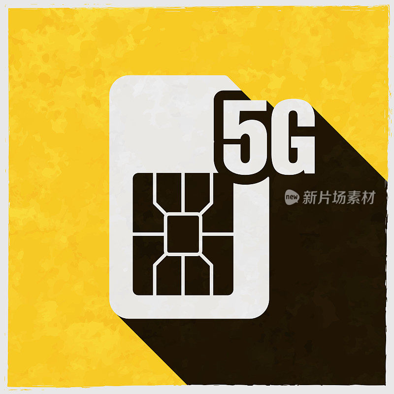 5 g的SIM卡。图标与长阴影的纹理黄色背景